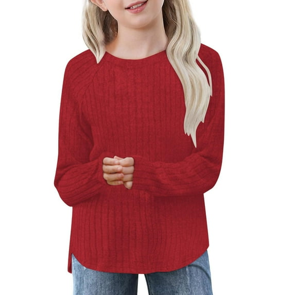 qolati Girls Long Sleeve Shirts Casual Crewneck Blouses for Girls Solid Color Loose Fit Ribbed Tunic Tops 5-14 Years