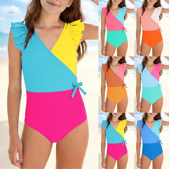 qolati Girls One-Piece Swimsuit Cute Ruffle Color Block Bathing Suit Tween Quick Dry Full Coverage Beach Swimwear Size 7-16 Years