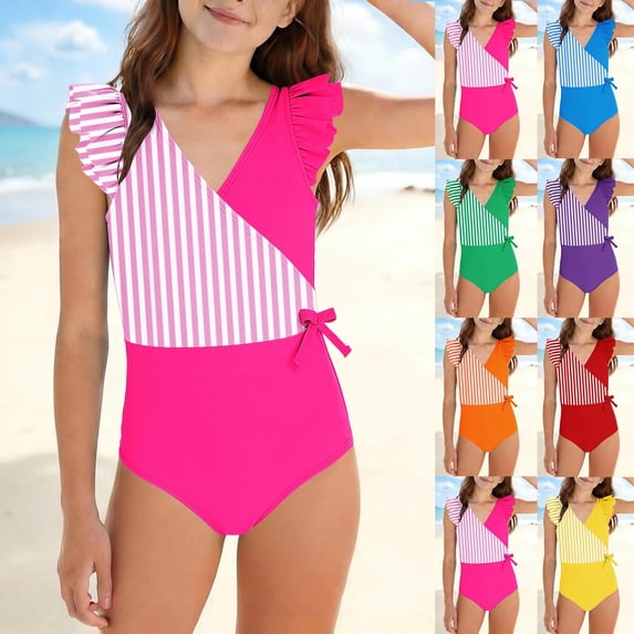 qolati Girls One-Piece Swimsuit Cute Ruffle Color Block Bathing Suit Tween Quick Dry Full Coverage Beach Swimwear Size 7-16 Years