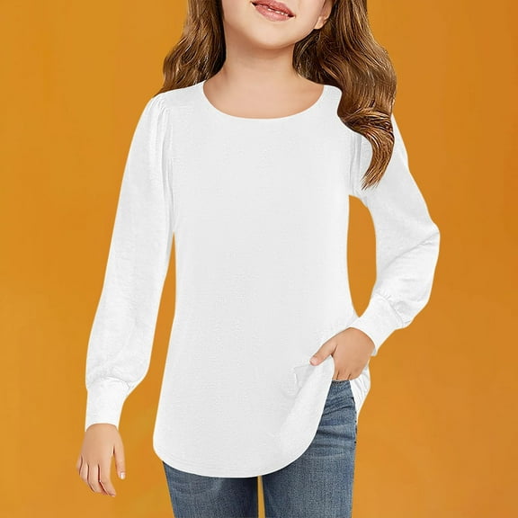 qolati Girls Puff Long Sleeve Shirts Kids Casual Crewneck Soft Tunic Tops Blouse Spring Clothes 4-13 Years Spring