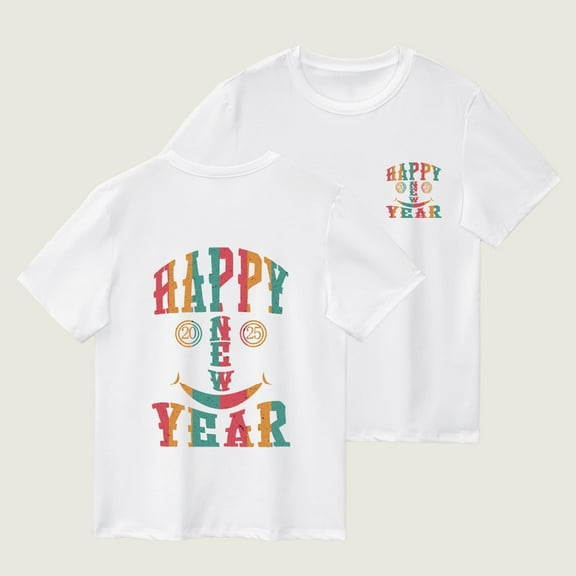 qolati Girls Short Sleeve Shirts Happy New Year 2025 Graphic Round Neck T-Shirts Loose Fit Casual Holiday Vacation Tee Tops Spring