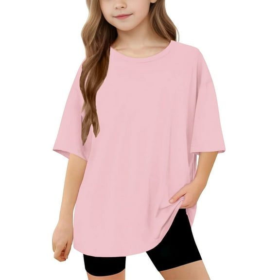 qolati Girls Short Sleeve T-Shirt Kids Summer Oversized Tops Trendy Crewneck Plain Loose Fit Tunic Basic Tees 5-15Y