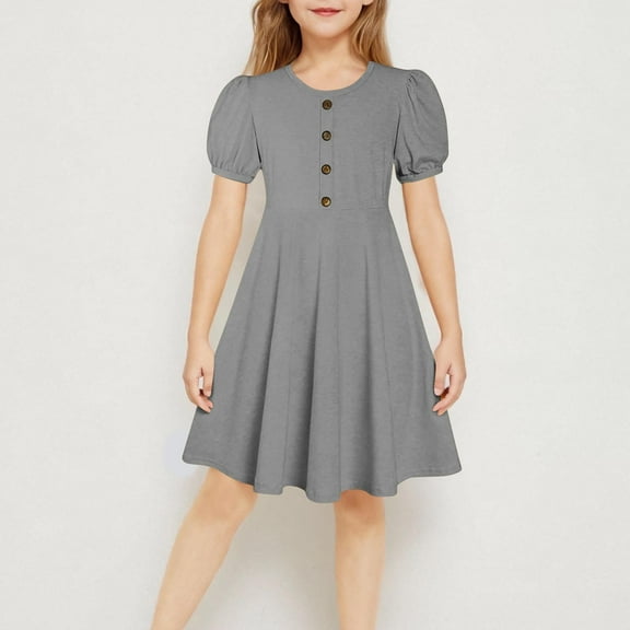 qolati Girls Summer Dress Elegant Crew Neck Puffy Short Sleeve Midi Dress Casual Button Ruffle Tiered Swing Dresses 5-15 Years