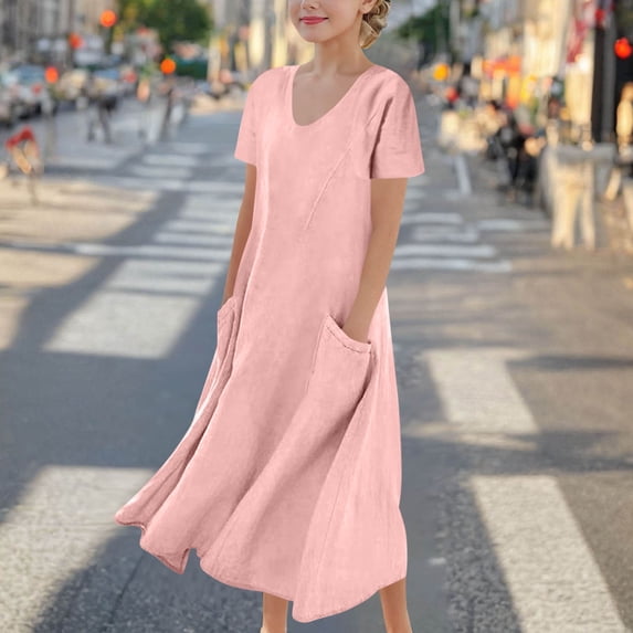 qolati Girls Summer Dresses 2025 Cotton Linen Long Dress Elegant Crewneck Short Sleeve Flowy Beach Dress Loose Comfy Sundresses with Pockets