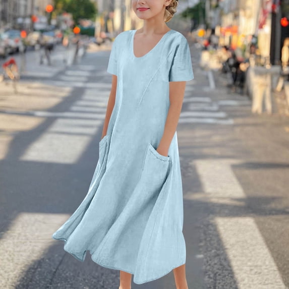 qolati Girls Summer Dresses 2025 Cotton Linen Long Dress Elegant Crewneck Short Sleeve Flowy Beach Dress Loose Comfy Sundresses with Pockets
