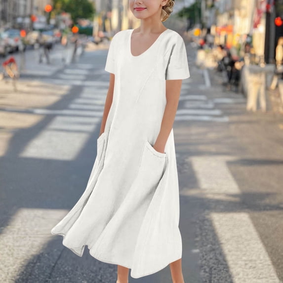 qolati Girls Summer Dresses 2025 Cotton Linen Long Dress Elegant Crewneck Short Sleeve Flowy Beach Dress Loose Comfy Sundresses with Pockets