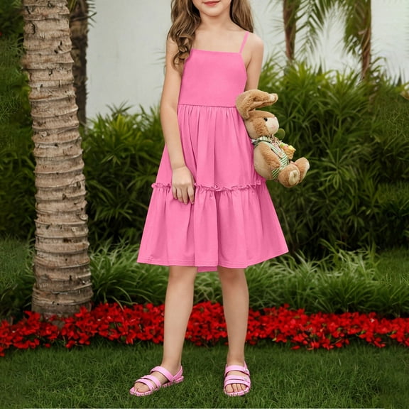 qolati Girls Summer Dresses Adjustable Spaghetti Strap Tie Back Smocked A-Line Dress Ruffle Hem Casual Elegant Midi Beach Sundress Size 4-15 Years