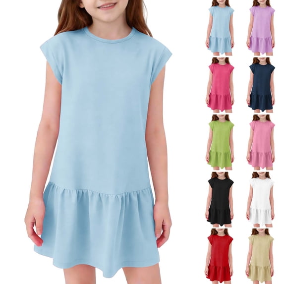 qolati Girls Summer Dresses Cap Sleeve Spring Tshirt Mini Dress Kids Casual Crewneck Ruffle Hem Beach Sundress Loose Basic Skater Dresses 5-14 Years