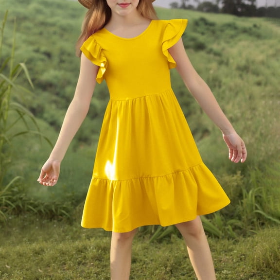 qolati Girls Summer Dresses Double Pleated Flutters Sleeve Casual Dresses Cute Solid Crew Neck High Waist A Line Tween Sundress Size 5-14 Years