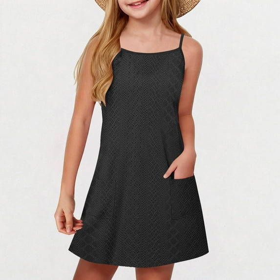 qolati Girls Summer Sundress Toddler Baby Boho Strap Casual Sleeveless Swing Cami Dresses Cute Eyelet Embroidery Party Mini Dress with Pockets Size 5-15 Years