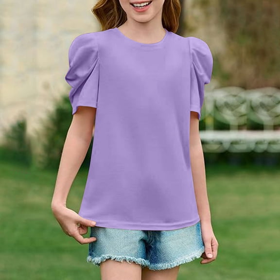 qolati Girls Summer T Shirts Puff Short Sleeve Cute Tunic Top Kids Crewneck Solid Fashion Tees Blouse 4-14 Years