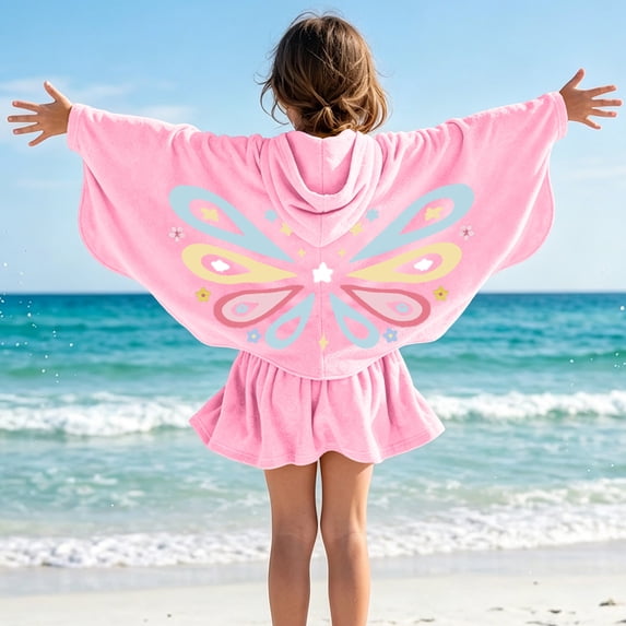 qolati Girls Swim Cover Up Robe One-Piece Swimsuit Long Sleeve Sun Protection Hooded Jacket Cute Butterfly Full Front Zipper Terry Cloth Absorbent Beach 2-11 Years Pink
