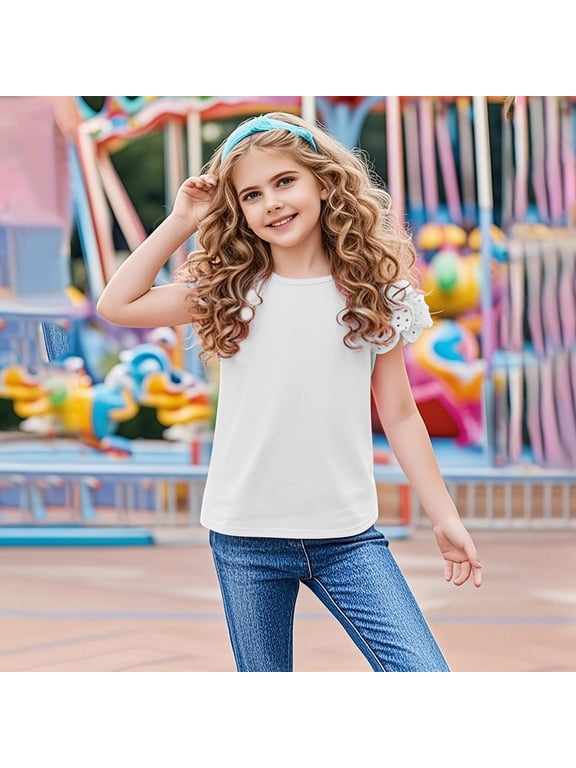 Girls T-Shirt Dressy Casual Ruffle Sleeve Shirts Summer Crewneck Eyelet Tee Tops Kids Girls Cute Blouse 3-14 Years