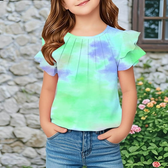 qolati Girls T Shirts Ruffle Short Sleeve Summer Shirts Cute Pleated Front Crewneck Casual Tops Tees Blouses