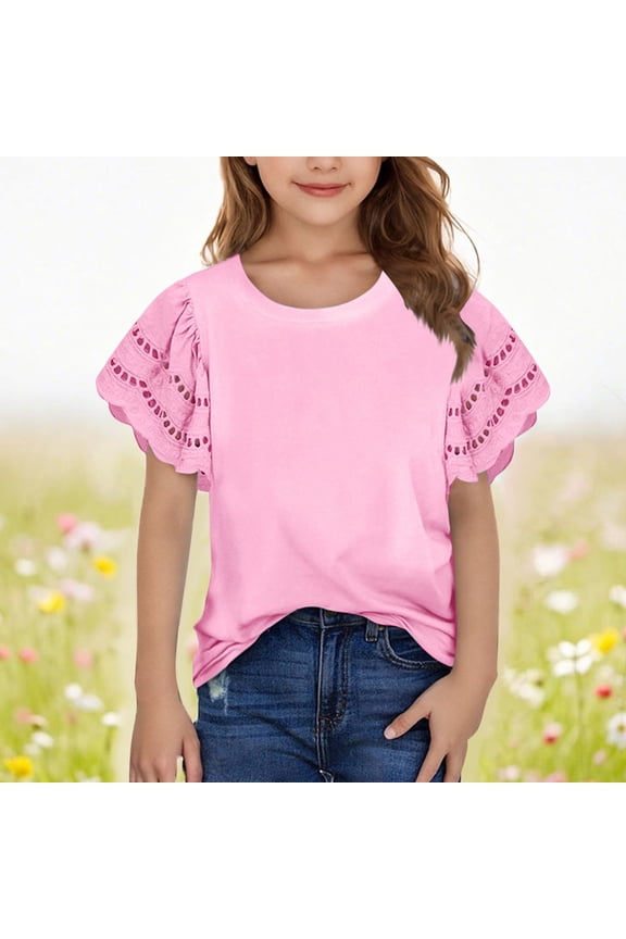 Girls T Shirts Summer Lace Ruffle Flying Sleeves Eyelet Tee Tops Casual Tunic Blouse Tee 3-14 Years