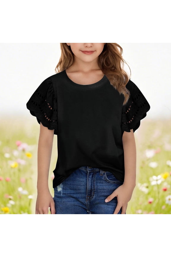 Girls T Shirts Summer Lace Ruffle Flying Sleeves Eyelet Tee Tops Casual Tunic Blouse Tee 3-14 Years