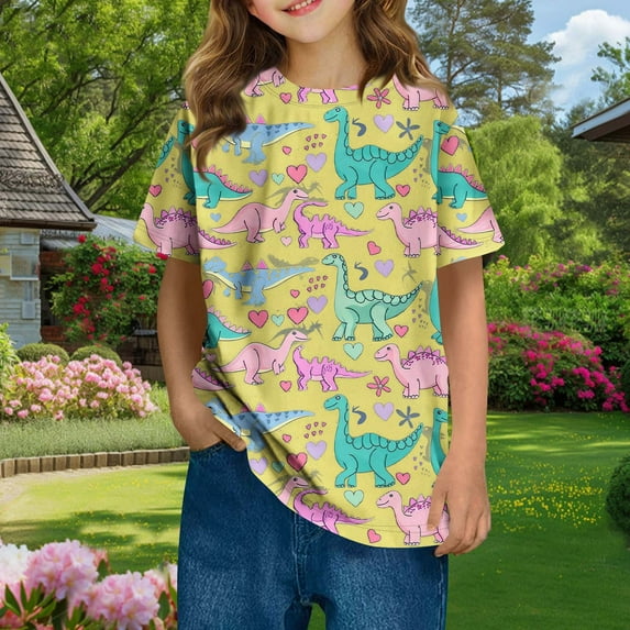 qolati Girls T Shirts Summer Short Sleeve Tops Crew Neck Shirt Casual Athletic Tops Cute Graphic Printed Blouse 3-14 Years