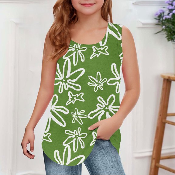 qolati Girls Tank Tops Kids Summer Crewneck Sleeveless Shirts Cute Floral Print Loose Fit Basic Blouse Dancewear 3-14 Years