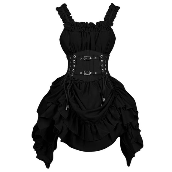 qolati Gothic Dresses for Women Ruffled Cinched Ruched High Low Mini Dress Vintage Steampunk 50s Spaghtti Strap Sleeveless Corset Swing Cocktail Party Dress Black L