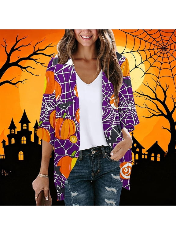 Halloween Cardigan for Women 3/4 Sleeve Open Front Cardigans Jacket Holiday Fall Outwear Cute Ghost Pumpkin Graphic Cover Up Blouse Tops Purple L