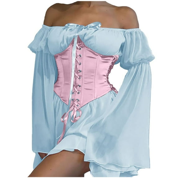 qolati Halloween Dresses for Women Flared Sleeve Off Shoulder Lace Up Corset Dresses Vintage Renaissance Gothic Mesh Swing Mini Dress 2023