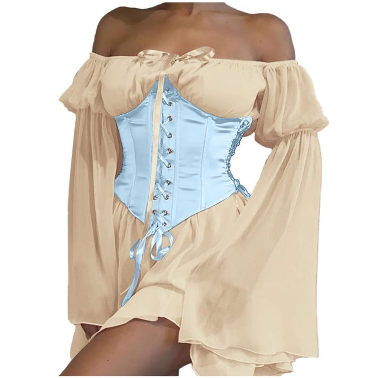 qolati Halloween Dresses for Women Flared Sleeve Off Shoulder Lace Up  Corset Dresses Vintage Renaissance Gothic Mesh Swing Mini Dress 2023