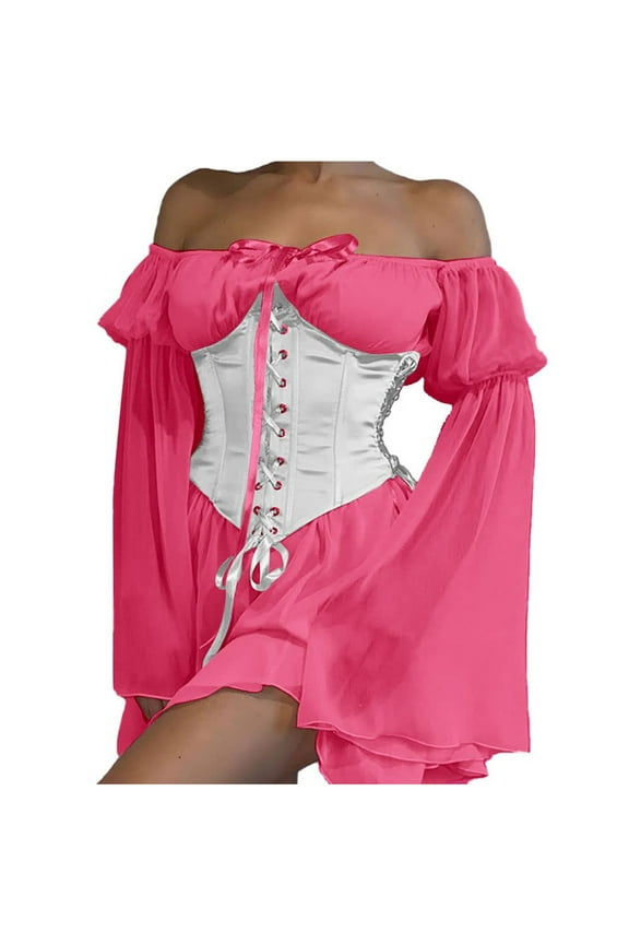 Halloween Dresses for Women Flared Sleeve Off Shoulder Lace Up Corset Dresses Vintage Renaissance Gothic Mesh Swing Mini Dress 2023