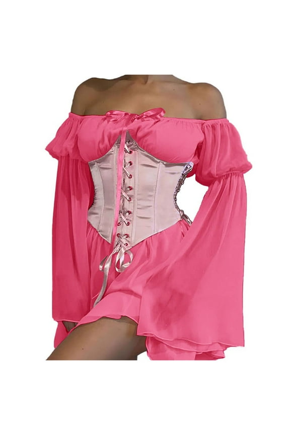 Halloween Dresses for Women Flared Sleeve Off Shoulder Lace Up Corset Dresses Vintage Renaissance Gothic Mesh Swing Mini Dress 2023