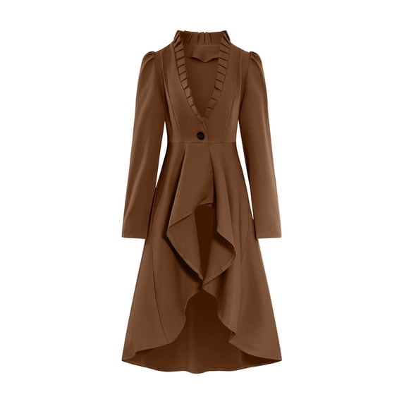 qolati Halloween Gothic Long Jacket Women Renaissance Steampunk Tailcoat Coat Long Sleeve High Low Ruffle Hem Medieval Victorian Blazer Coffee XL