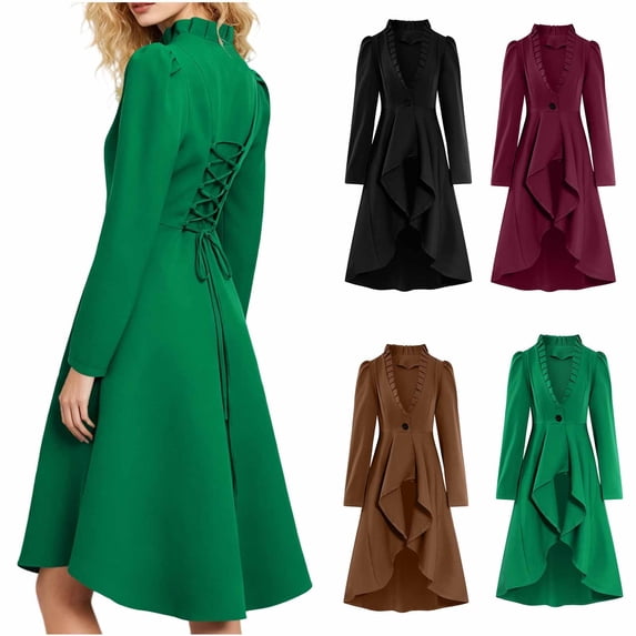 qolati Halloween Gothic Long Jacket Women Renaissance Steampunk Tailcoat Coat Long Sleeve High Low Ruffle Hem Medieval Victorian Blazer Green L