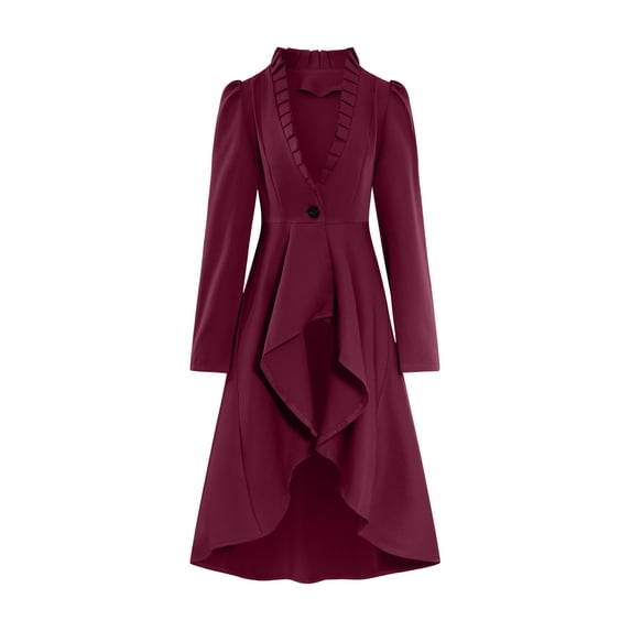 qolati Halloween Gothic Long Jacket Women Renaissance Steampunk Tailcoat Coat Long Sleeve High Low Ruffle Hem Medieval Victorian Blazer Wine L