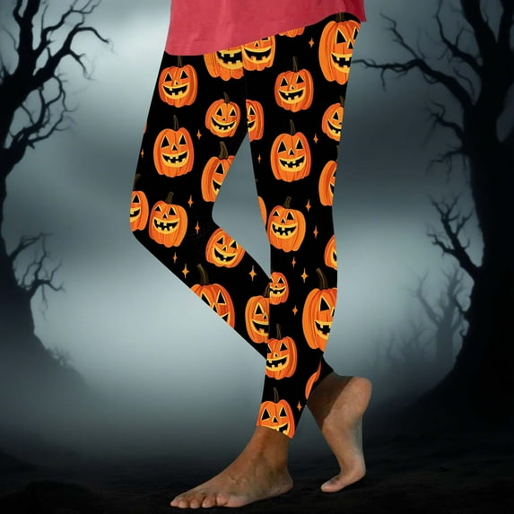 qolati Halloween Leggings for Women Soft Stretchy Pumpkin Printed Pajamas Pants High Waisted Tummy Control Athletic Workout Yoga Pant Orange L