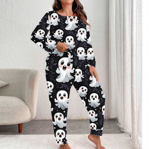 qolati Halloween Pajamas Sets for Women Ghost Pumpkin Print Long Sleeve Tops and Jogger Soft Pjs Lounge Set 2 Piece Airport Travel Matching Outfits Black XXXXXL