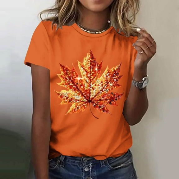 qolati Halloween Sequin Pumpkin Women Tops Retro Fall Print Crew Neck T-Shirt Thanksgiving Day Going Out Sweatshirts for Women