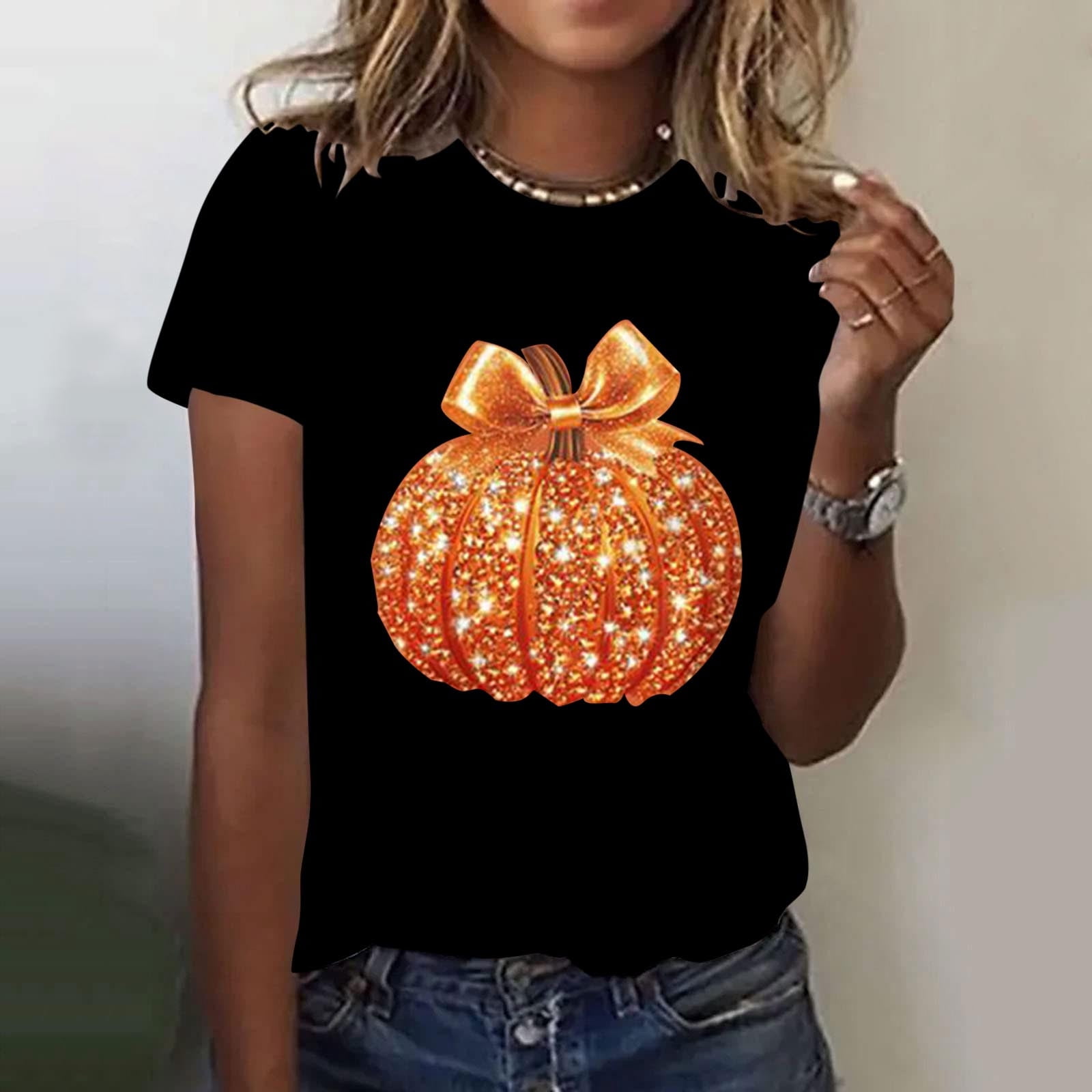 Sequin Pumpkin Round Neck Short Sleeve T-Shirt main image 0