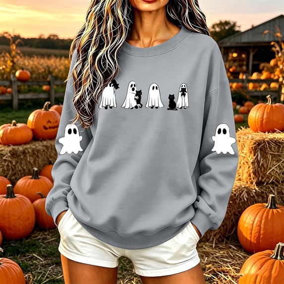 qolati Halloween Sweatshirts for Women Cute Ghost Pumpkin Graphic Crewneck Pullover Thanksgiving Day Fleece Lined Sweater Fall Casual Long Sleeve Holiday Tops