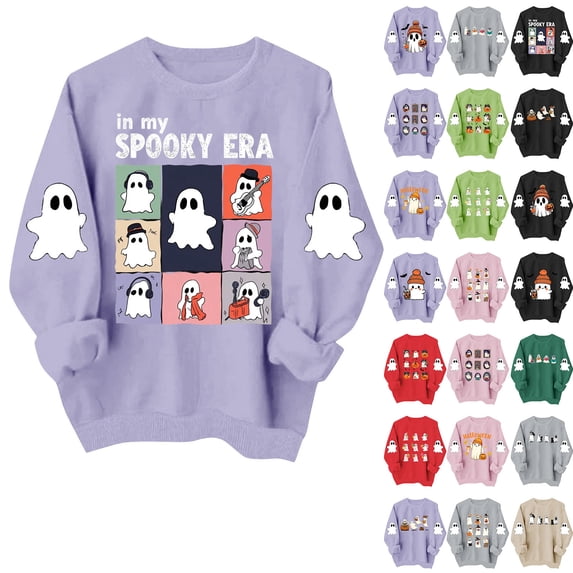 qolati Halloween Sweatshirts for Women Cute Ghost Pumpkin Graphic Crewneck Pullover Thanksgiving Day Fleece Lined Sweater Fall Casual Long Sleeve Holiday Tops