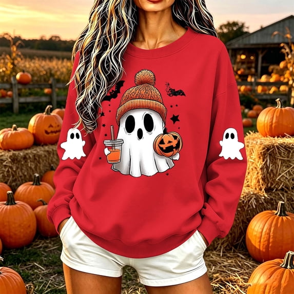 qolati Halloween Sweatshirts for Women Cute Ghost Pumpkin Graphic Crewneck Pullover Thanksgiving Day Fleece Lined Sweater Fall Casual Long Sleeve Holiday Tops