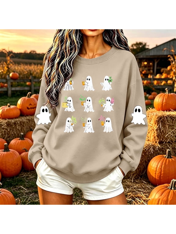 Halloween Sweatshirts for Women Cute Ghost Pumpkin Graphic Crewneck Pullover Thanksgiving Day Fleece Lined Sweater Fall Casual Long Sleeve Holiday Tops