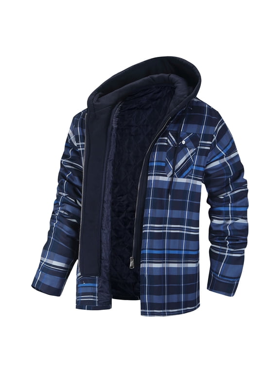 Heavy Thick Flannel Plaid Jacket Bigs and Talls Sherpa Fleece Lined Hoodies for Men Zip Up Winter Warm Coat Quilted Lined Zipper Sweatshirt Jacket