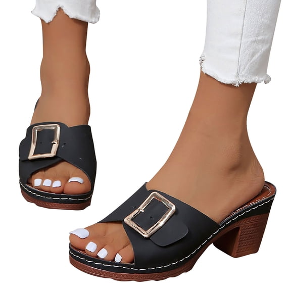 qolati High Heeled Sandals for Women Fashion Comfort Slip on Open Toe Block Heel Sandals Dressy Summer Casual Dress Slippers Sandals