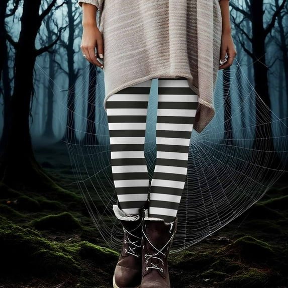 qolati High Waisted Leggings for Women Halloween Striped Womens Tights Stockings Stretch Tummy Control Cycling Workout Yoga Pants Black L