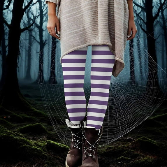 qolati High Waisted Leggings for Women Halloween Striped Womens Tights Stockings Stretch Tummy Control Cycling Workout Yoga Pants Purple M