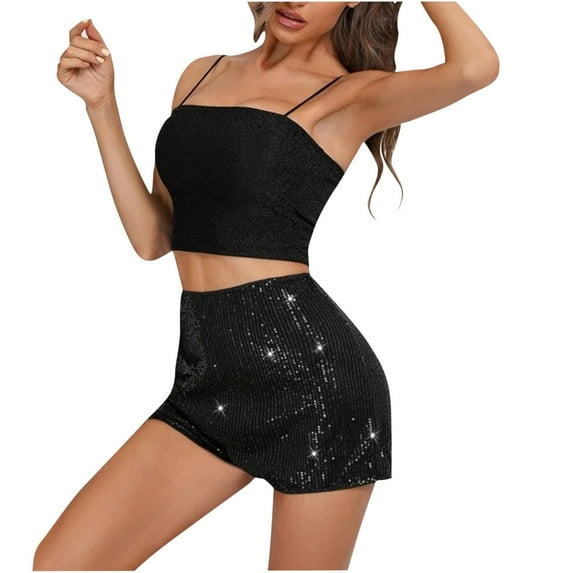 qolati High Waisted Sequin Shorts for Women Elastic Straight Leg Sparkly Glitter Party Shorts Elegant Club Prom Bermuda Hot Pants