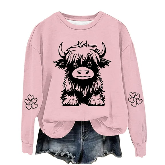 qolati Highlands Cow Sweatshirts for Girls Cute Graphic Print Preppy Shirts Kids Western Cow Pullover Hoodies Tops 1-14 Years