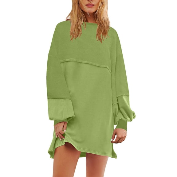 qolati Holiday Dresses for Women Oversized Long Sleeve Patchwork Sweatshirt Dress Solid Crewneck Drop Shoulder Pullover Tops Mini Dresses