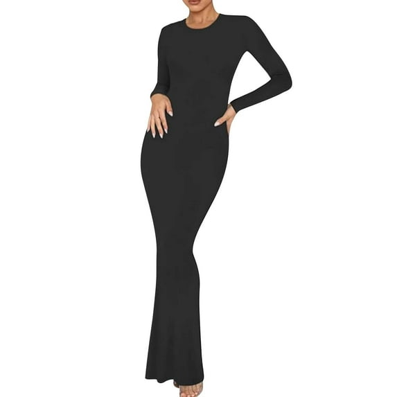 qolati Holiday Dresses for Women Trendy Stretchy Solid Crew Neck Lounge Long Dress Elegant Long Sleeve Bodycon Maxi Dresses