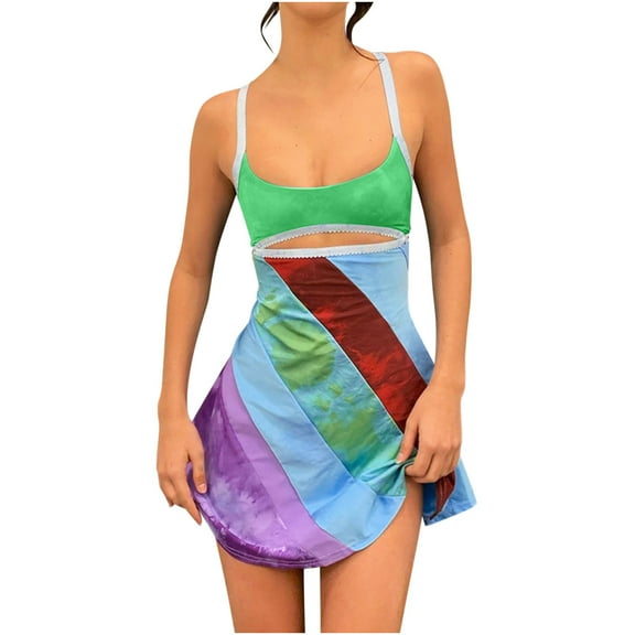 qolati Holiday Dresses for Womrn Vintage Print Sleeveless Sheath Dress Y2k Fashion Bodycon Mini Slip Dress Retro Bandana Fitted Strap Dress