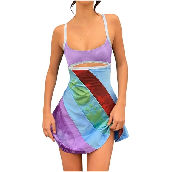 qolati Holiday Dresses for Womrn Vintage Print Sleeveless Sheath Dress Y2k Fashion Bodycon Mini Slip Dress Retro Bandana Fitted Strap Dress