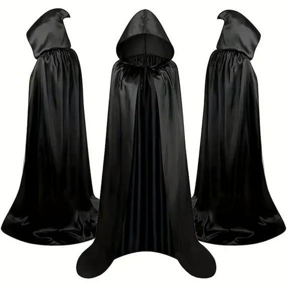 qolati Hooded Cloak Long Satin Cape for Christmas Halloween Cloak Costumes Silk Hooded Cape Masquerade Dress Up Black 8 Years